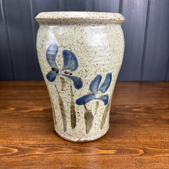 Studio Pottery Vase with Hand-Painted Blue Irises Stoneware Utensil Holder - Picture 12 of 16